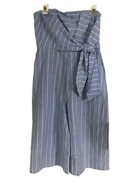Blue White Striped Sleeveless Boho Wide Leg Jumpsuit Womens Large